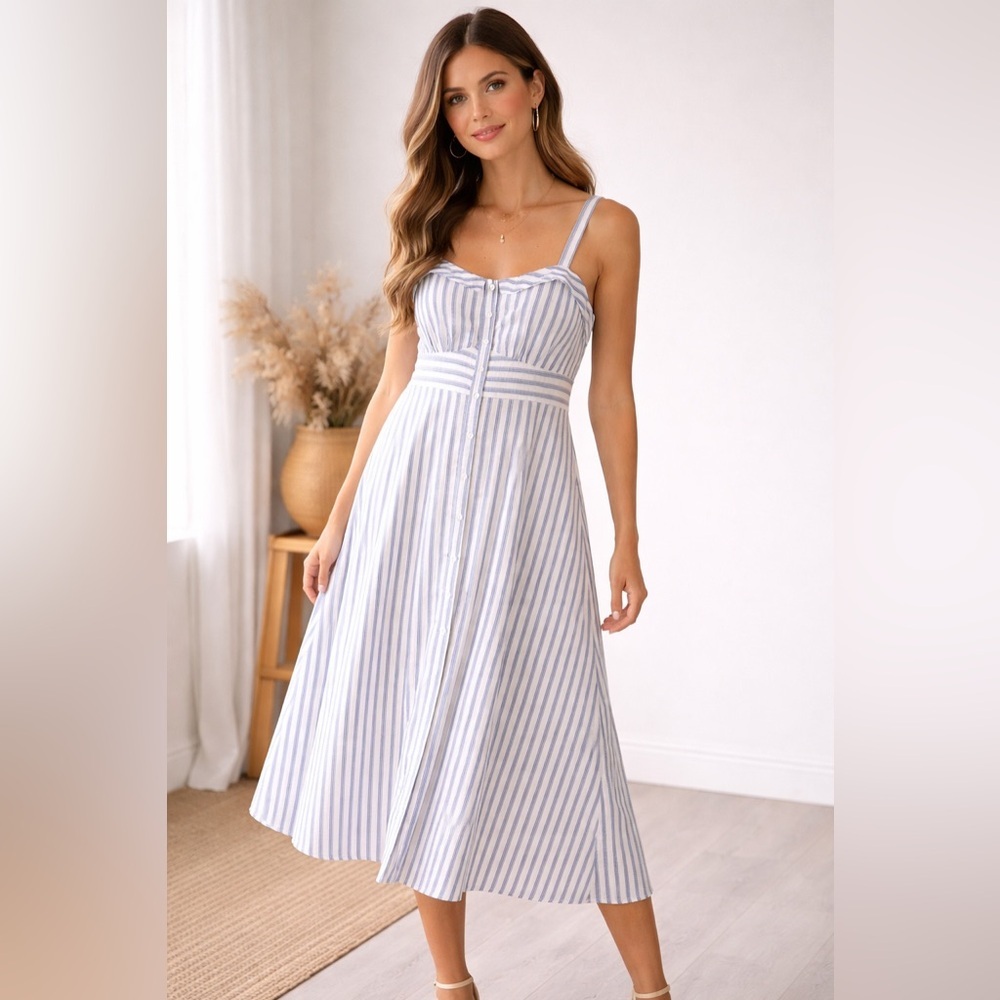 Francesca’s Blue White Striped Midi Dress XL Button Front Strappy Summer NWT